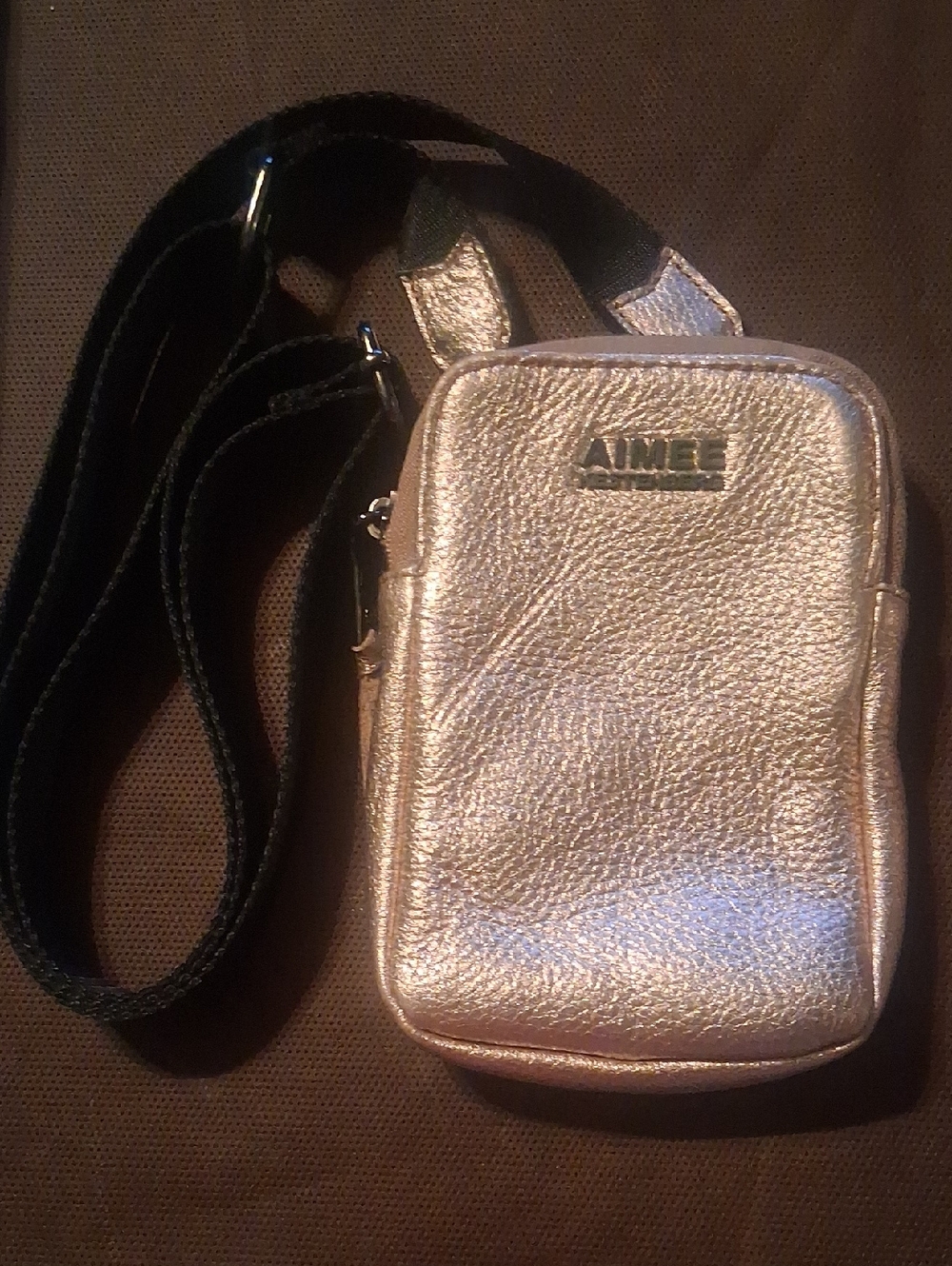 Aimee Kestenberg Rose Gold Crossbody Phone Bag with Black Strap